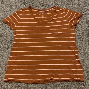 Small brown and white/pink stripped women's v-neck t-shirt.